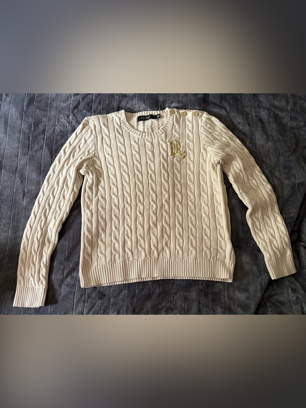 Ralph Lauren Cream Cable-Knit Sweater with Gold Crest & Shoulder Buttons